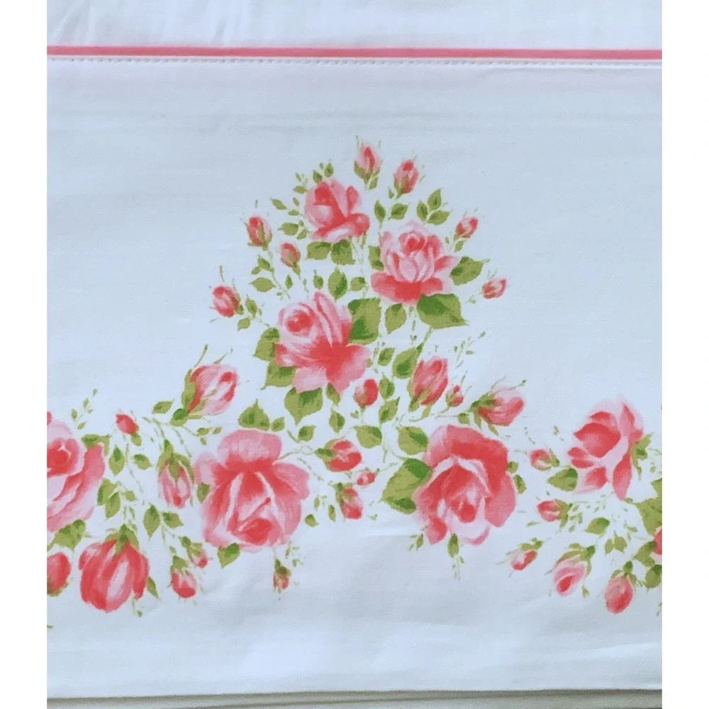 1960 Cannon TWIN FLAT Sheet PINK ROSE GARLAND Piping Cotton Fabric NOS Vtg READ